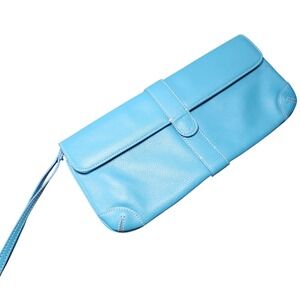 Vintage Y2K Ann Taylor‎ LOFT Blue Genuine Leather Wristlet Clutch Purse Preppy